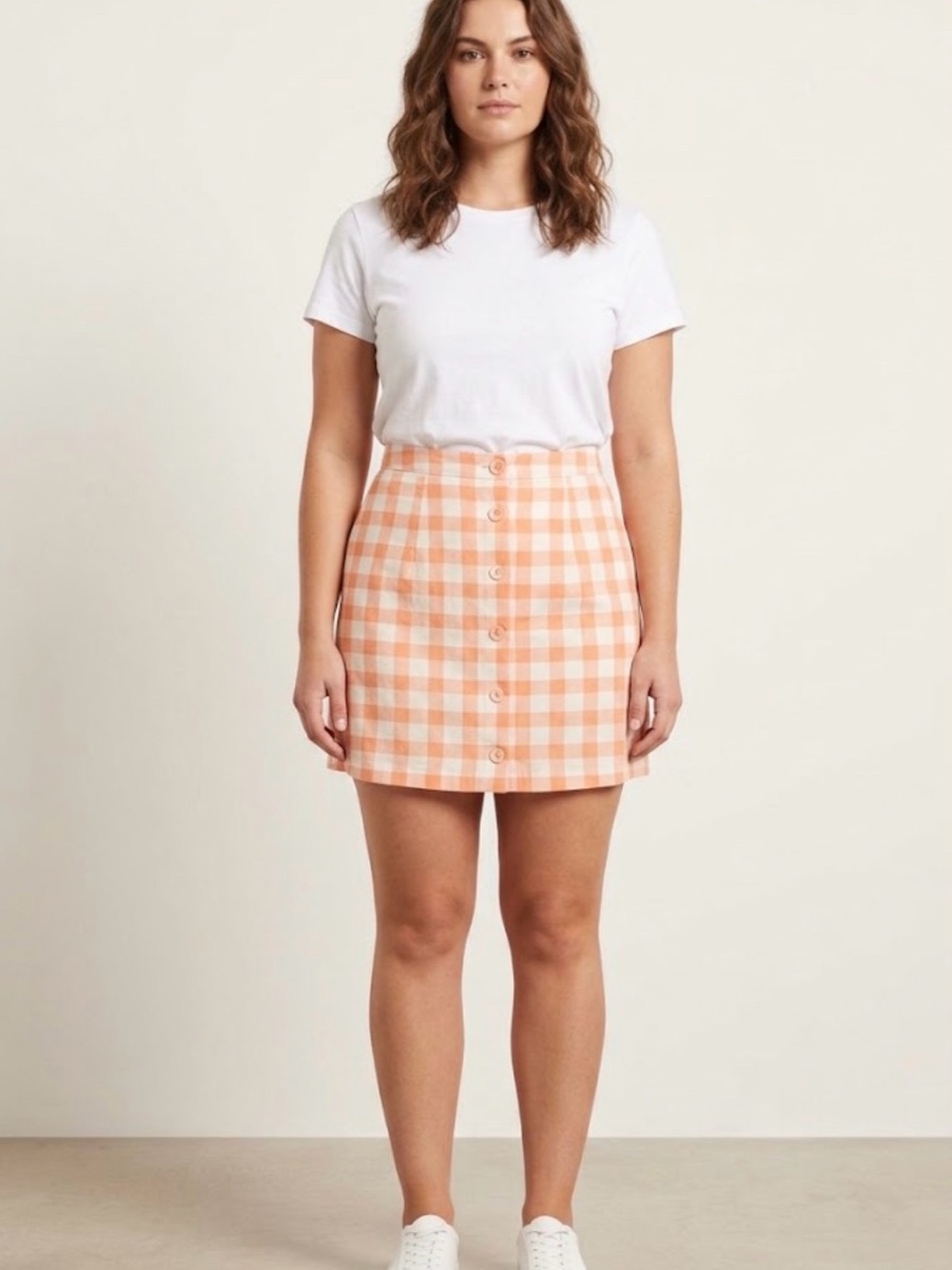 French Connection Peach Gingham Button-Front Midi Skirt